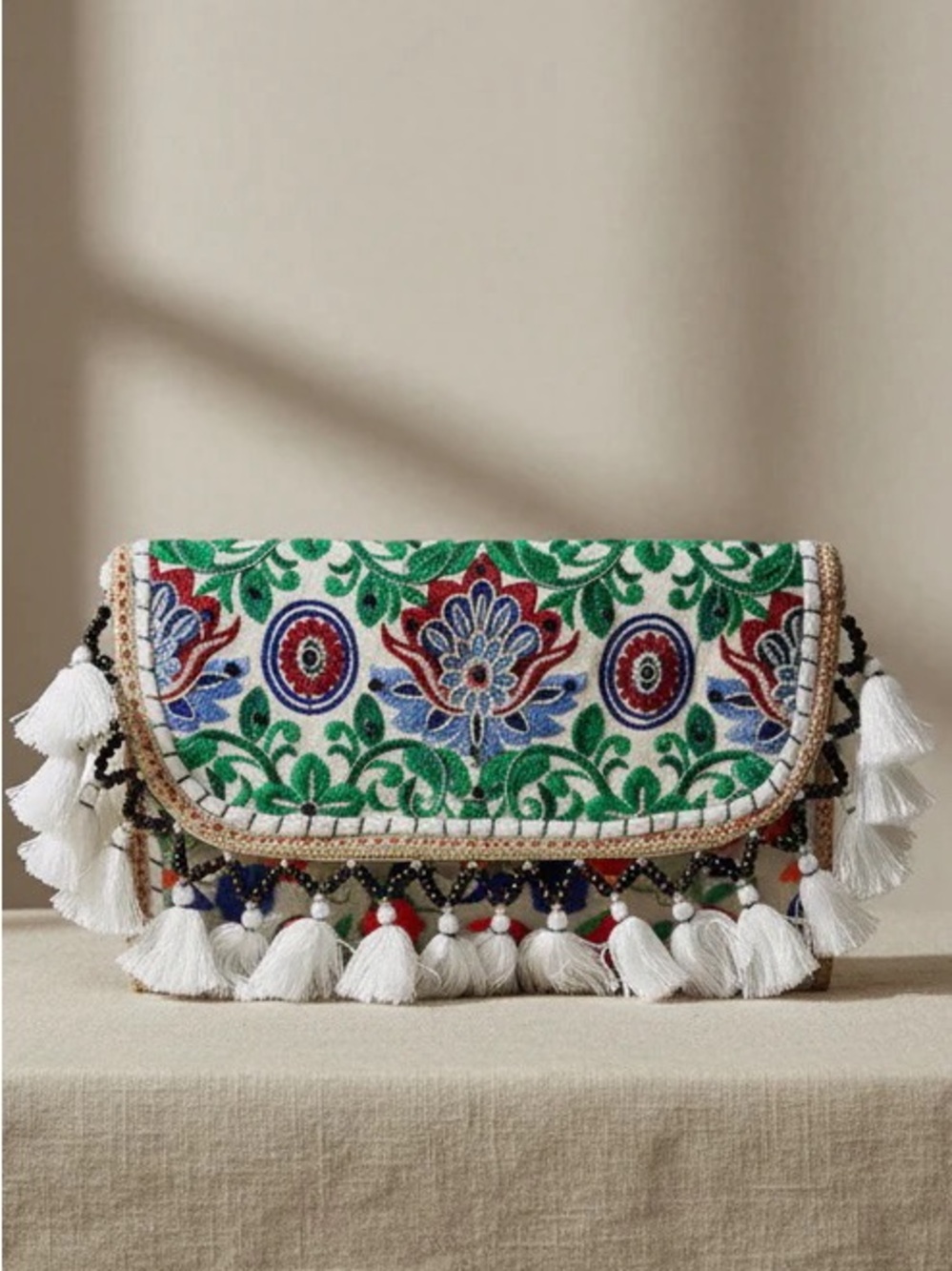 Handmade Multicolor Embroidered Beaded Banjara Shoulder/ Clutch Bag White